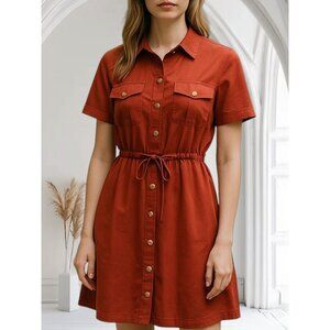 Style House Size L Womens Mid Summer Dress Brown Red Button-Down Short-Sleeve